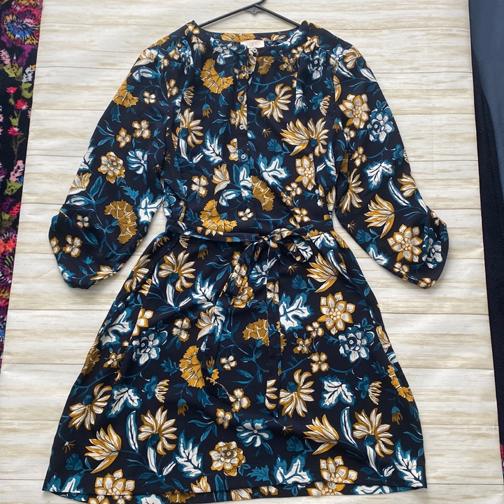Navy dress from loft with turquoise and yellow/gold flowers